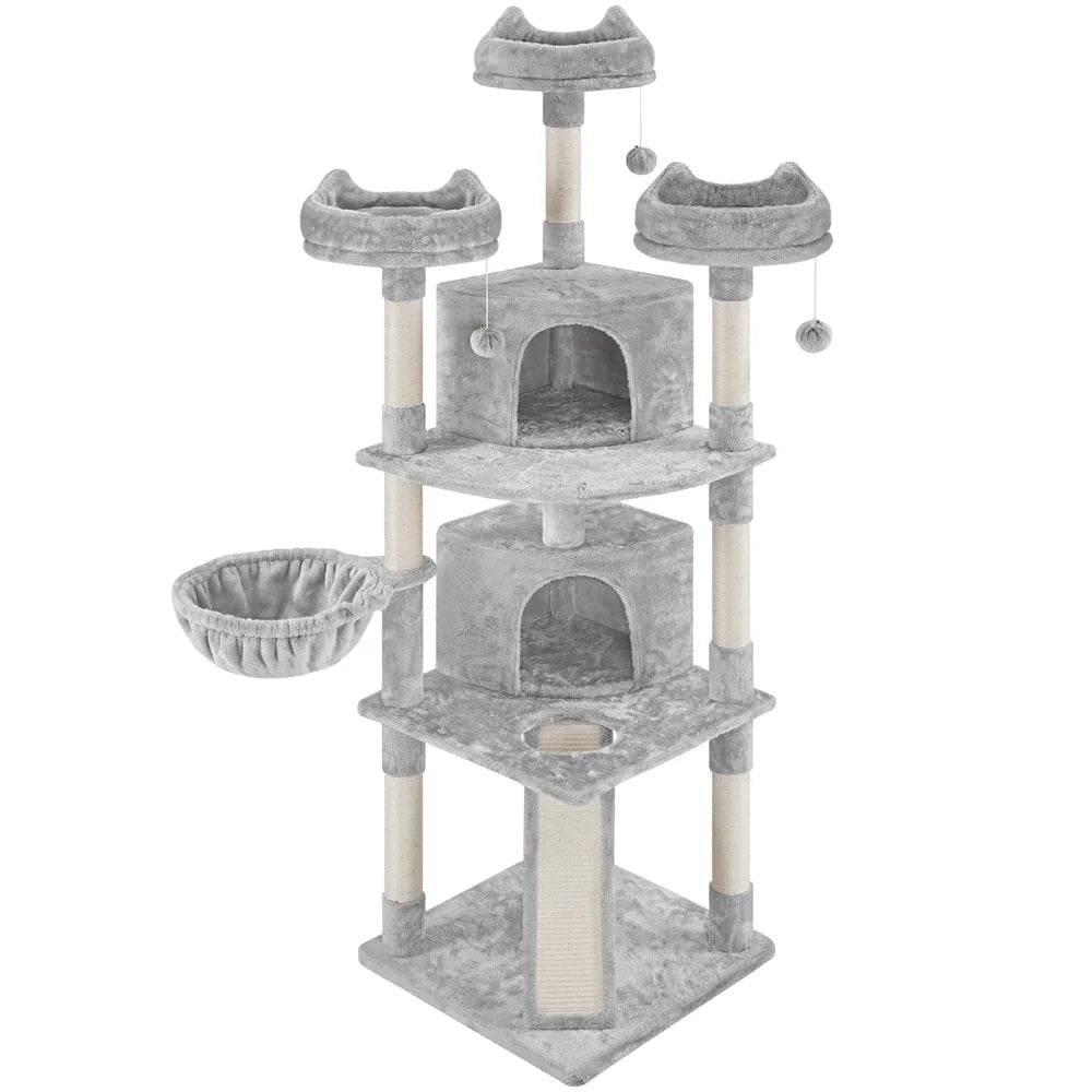 76"H Large Multilevel Cat Tree Tower with Condos and Perches, Light Gray