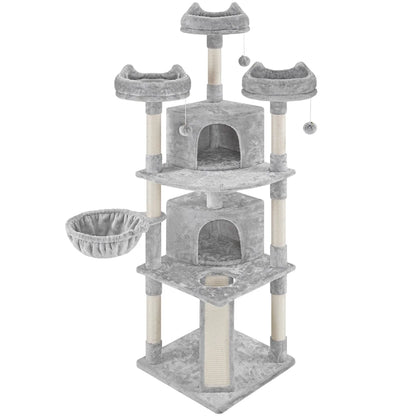 76"H Large Multilevel Cat Tree Tower with Condos and Perches, Light Gray