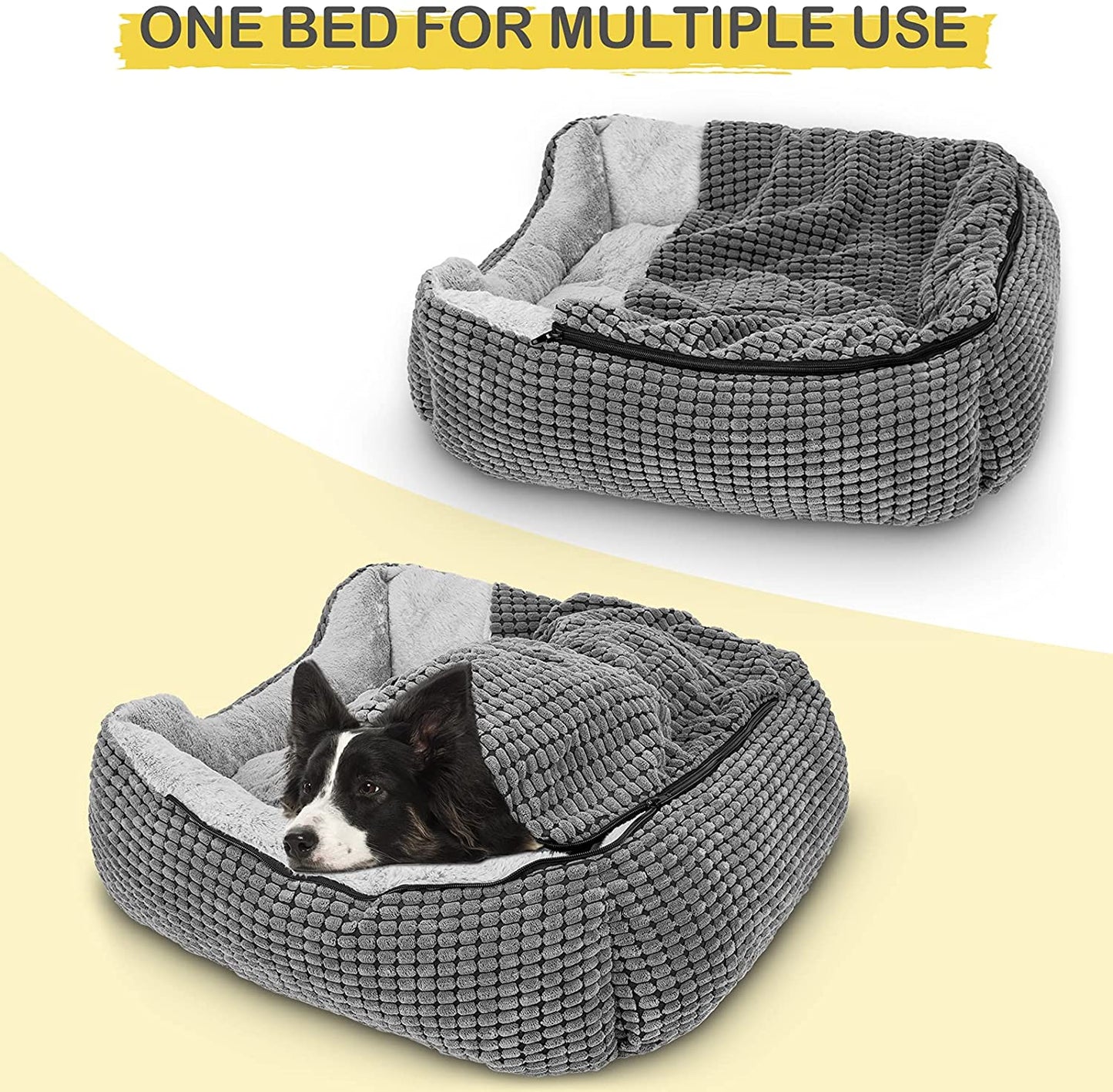 Dog Beds for Large Medium Small Dogs, Rectangle Cave Hooded Blanket Puppy Bed, Luxury Anti-Anxiety Orthopedic Cat Beds for Indoor Cats, Warmth and Machine Washable (20 Inches, Grey)