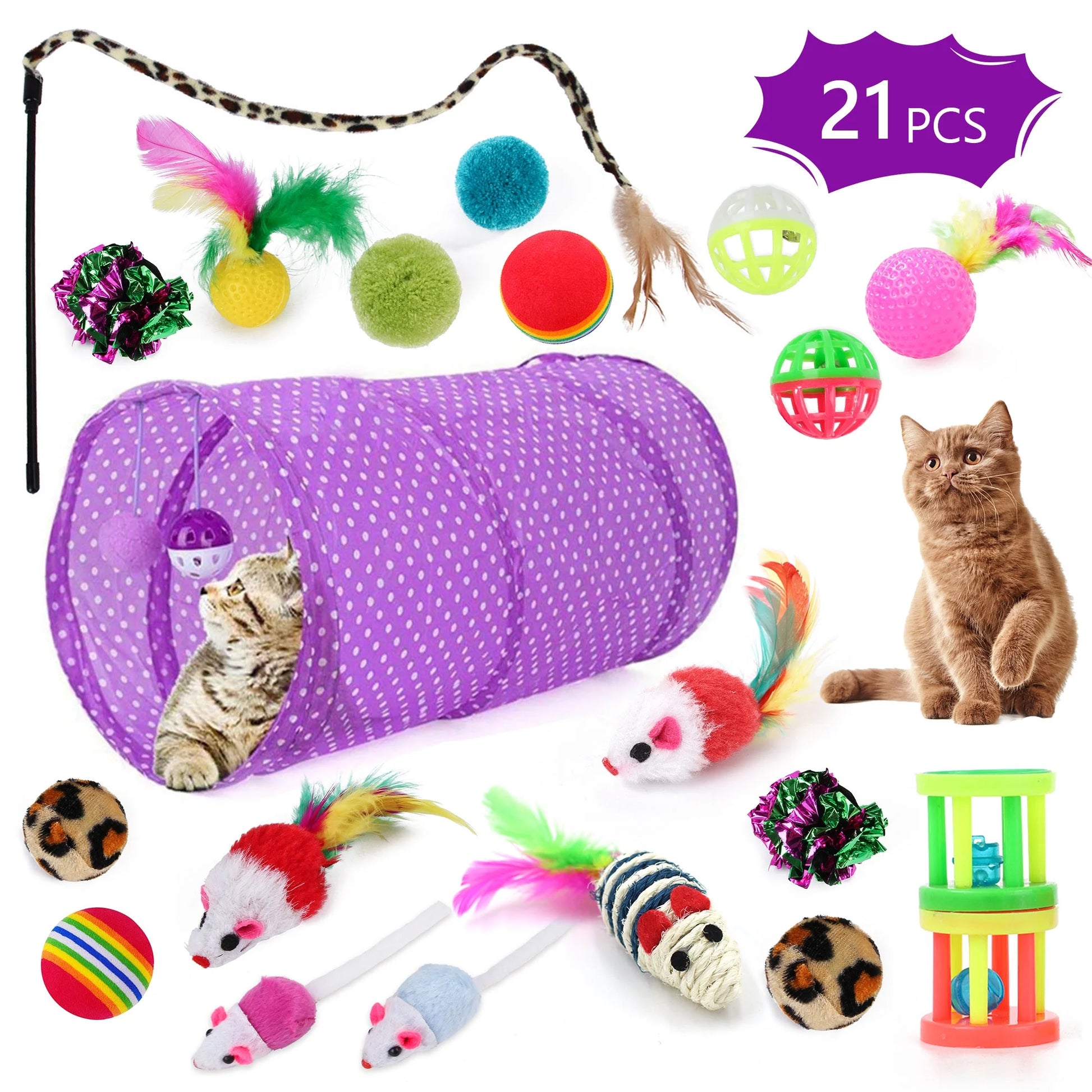 21 Pcs Cat Toys Kitten Toys Assortments Tunnel Interactive Cat Teaser Fluffy Mouse Crinkle Balls for Cat