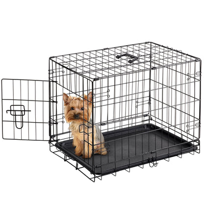 Small Dog Crate with Divider Panel, 24" Double Door Folding Metal Wire Dog Cage with Plastic Leak-Proof Pan Tray
