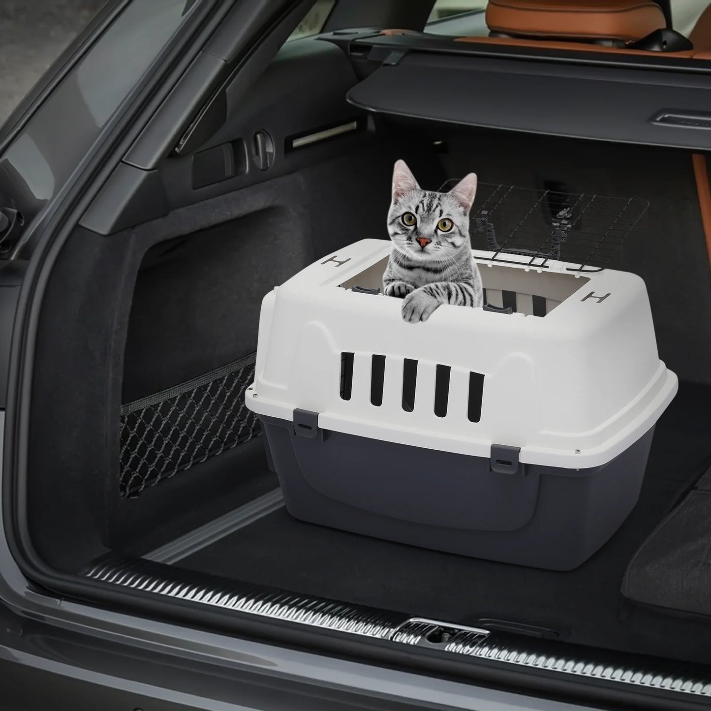 23" Pet Carrier Cage Portable Travel Transport Box, Hard Sided Dog Cat Kennel with Handle and 2 Doors, Airline Approved, White/Grey