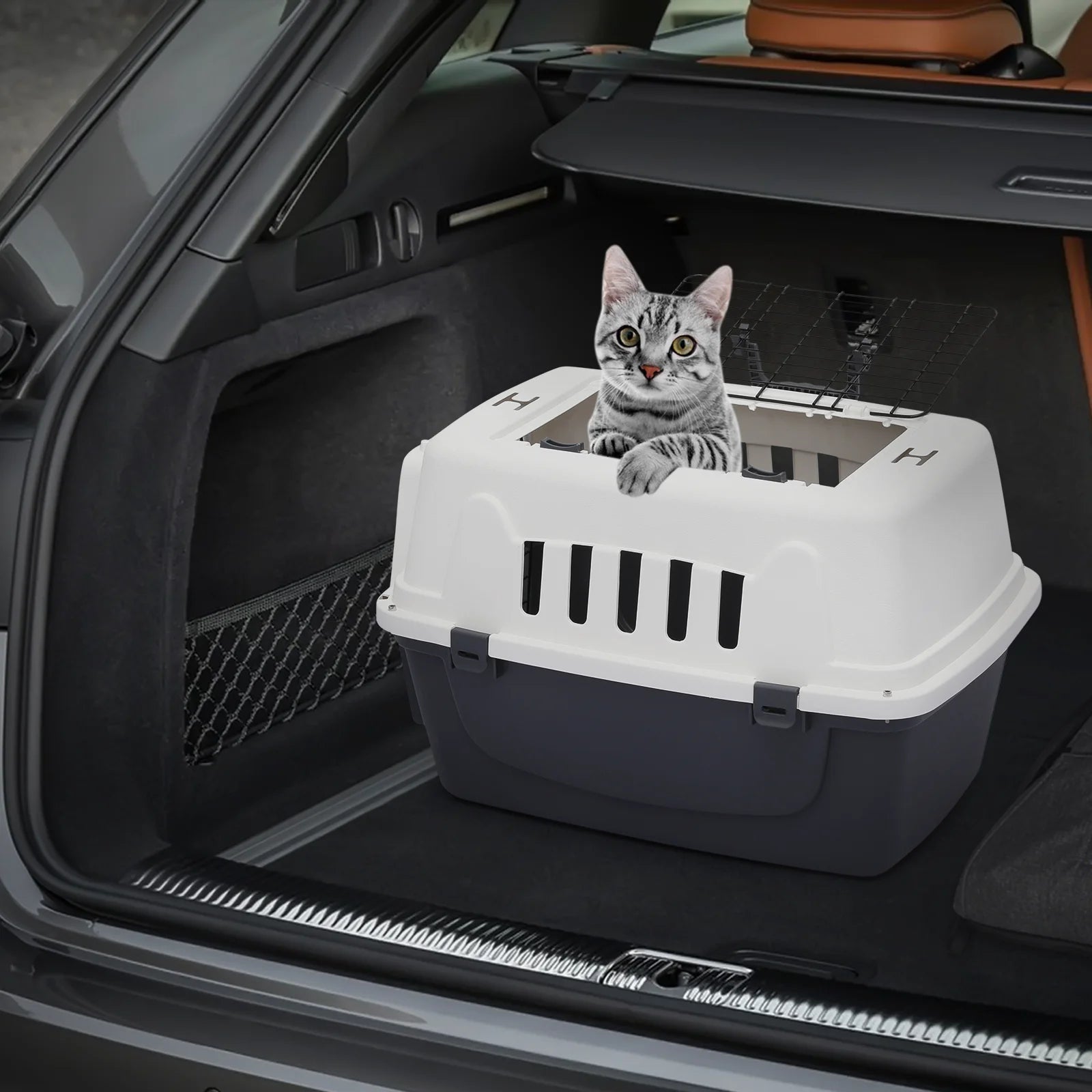 23" Pet Carrier Cage Portable Travel Transport Box, Hard Sided Dog Cat Kennel with Handle and 2 Doors, Airline Approved, White/Grey