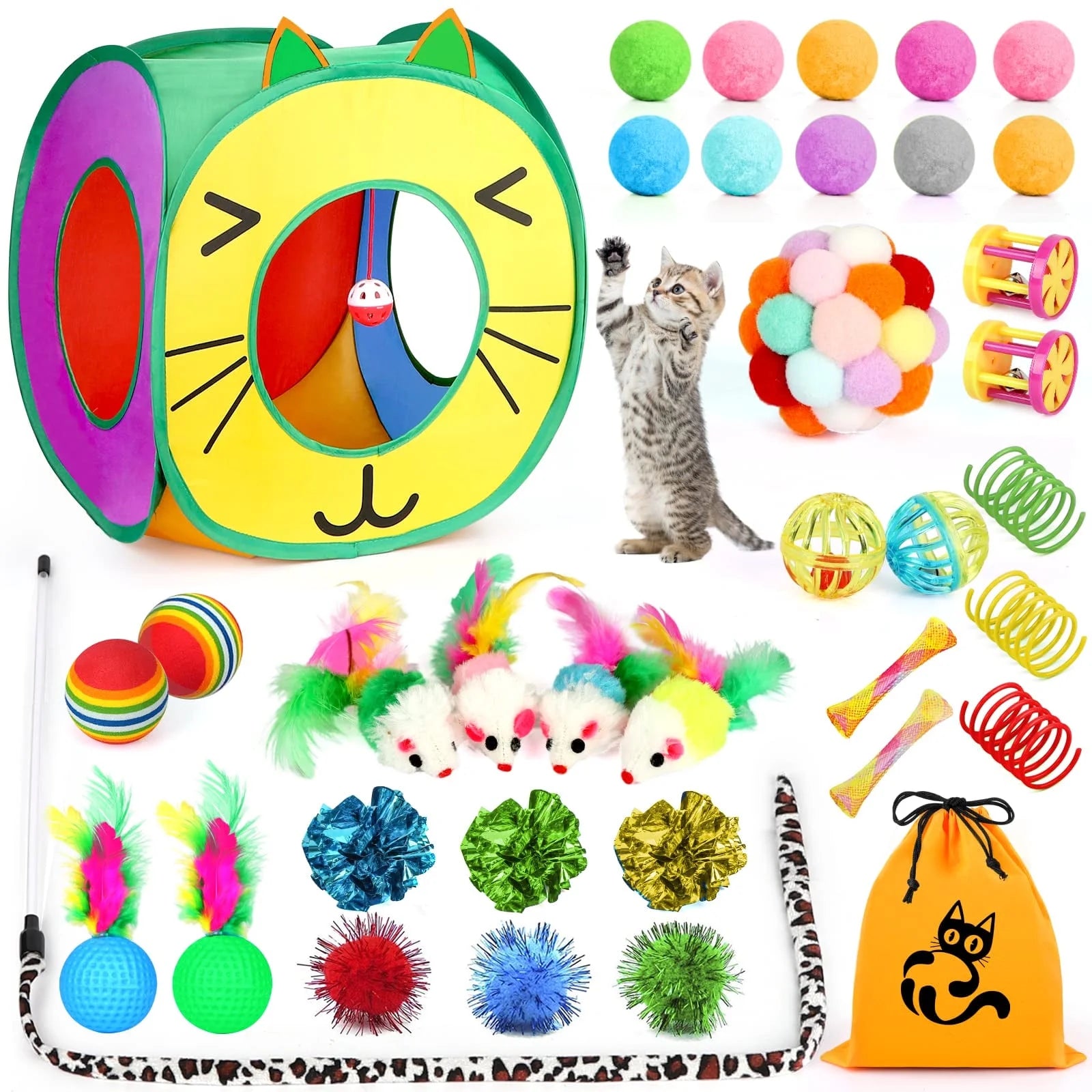 32 PCS Cat Toys Kitten Toys, Variety Catnip Toys with Rainbow Tunnel Interactive Cat Feather Teaser Spring Toy Set for Cat, Kitty