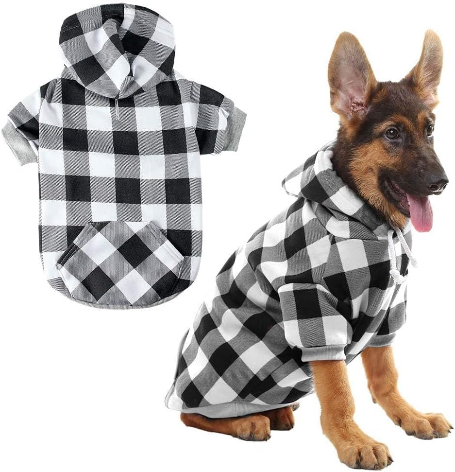 Plaid Dog Hoodie Pet Clothes Sweater with Hat and Pocket for Small Medium Large Size Dogs, Soft Winter Warm Dog Cold Weather Coat, Fleece Fall Dog Hooded Sweatshirt for Puppy Cats, Red XL