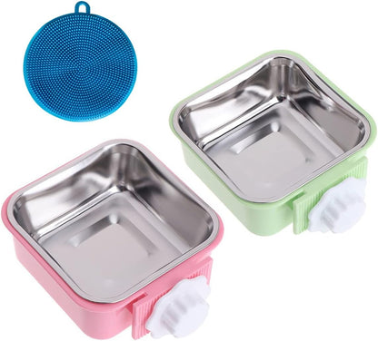 Crate Dog Cat Bowls, Removable Stainless Steel Hanging Pet Cage Bowls for Kennel, Water Food Feeder Cage Coop Cup for Cats, Dogs, Rabbits and Small Animals (Small, Blue)