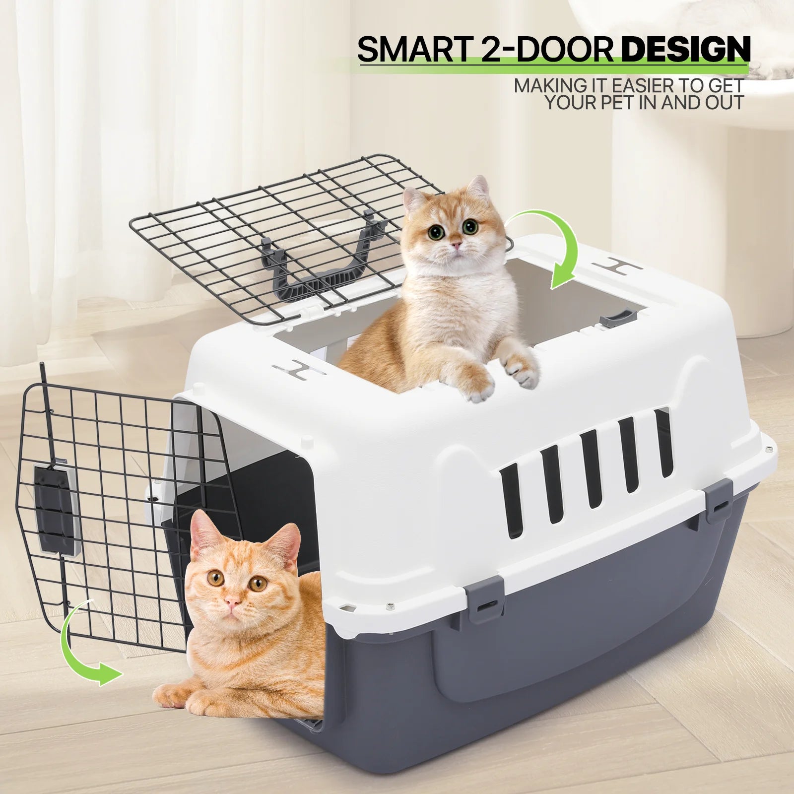23" Pet Carrier Cage Portable Travel Transport Box, Hard Sided Dog Cat Kennel with Handle and 2 Doors, Airline Approved, White/Grey