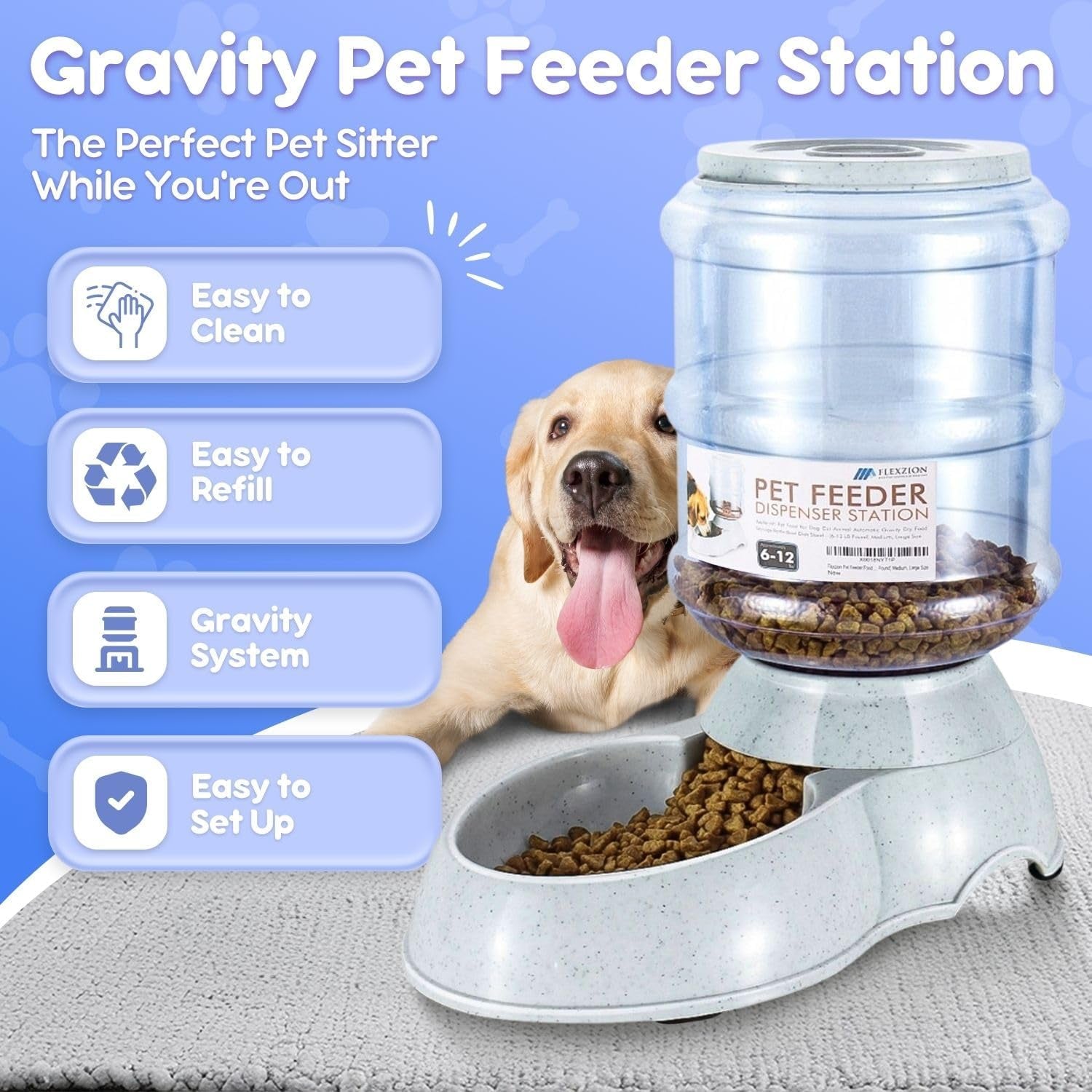 Automatic Pet Feeder & Waterer Set of 2 Pack, Self Feeding Replenish Dog Cat Bowls, Gravity Food & Water Storage Container Fountain Jug Pet Supplies Plastic Skid Proof Rubber Feet (3 Gallon)