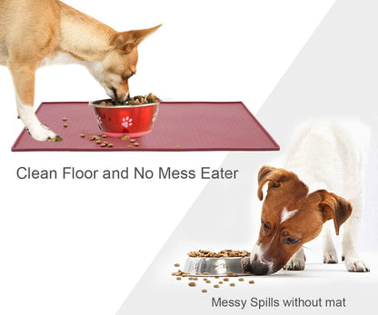 Cat Feeding Mat, Silicone Pet Food Mat, Food Grade Waterproof Anti-Messy Raised-Edges Mat for Puppy Kitty Dog Cat, S(19X12Inch), Burgundy
