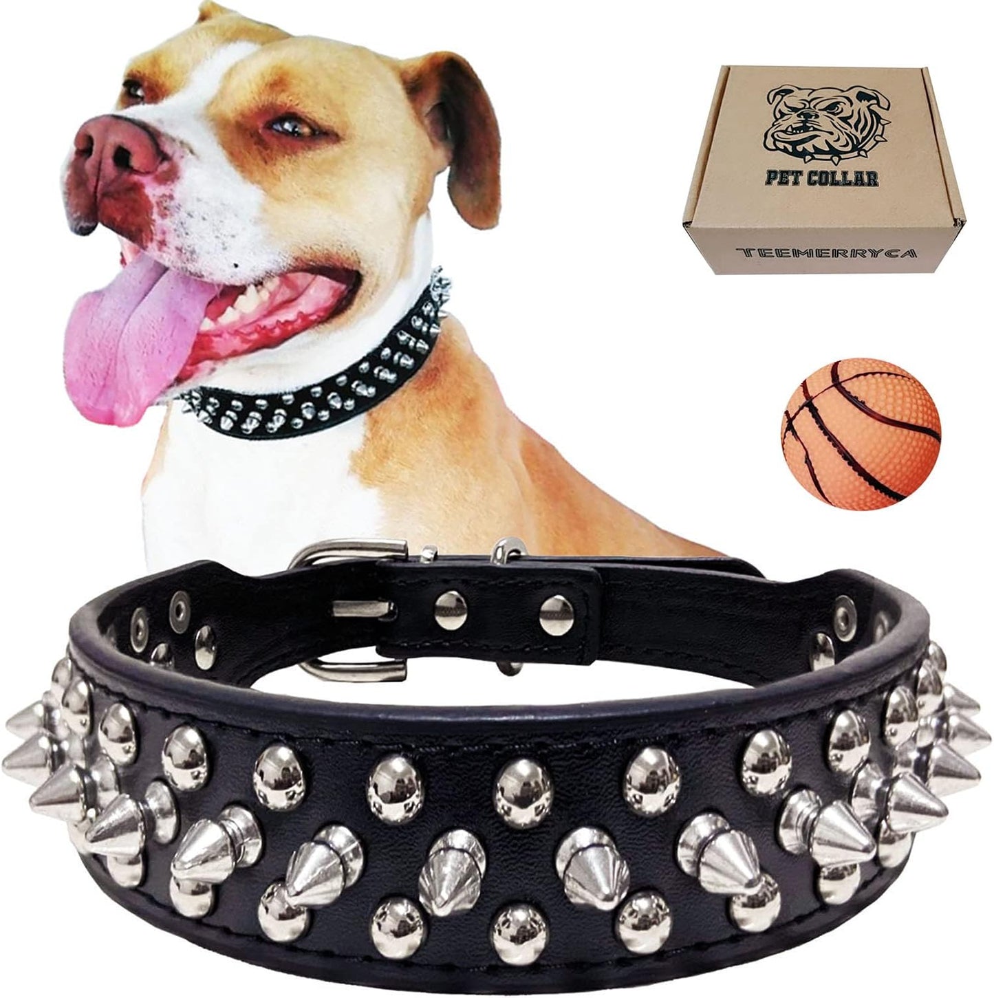 Adjustable Leather Spiked Studded Dog Collars with a Squeak Ball Gift for Small Medium Large Pets like Cats/Pit Bull/Bulldog/Pugs/Husky, Pink, L(15"-18.5")