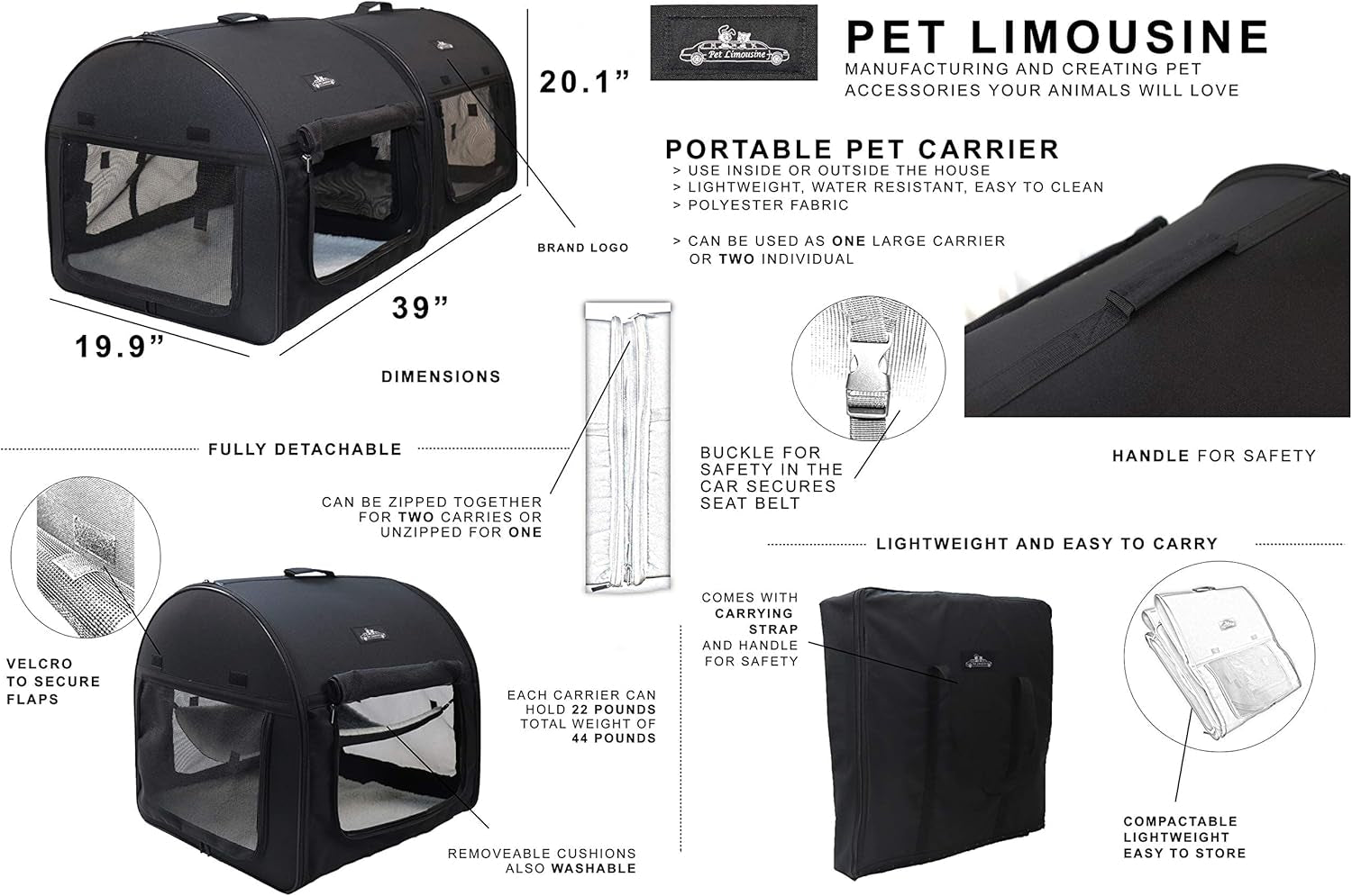 Soft Dog Cat Crate the Portable 2-In-1 Double Travel Kennel Tube Carrier for All Pets Car Seat Ready