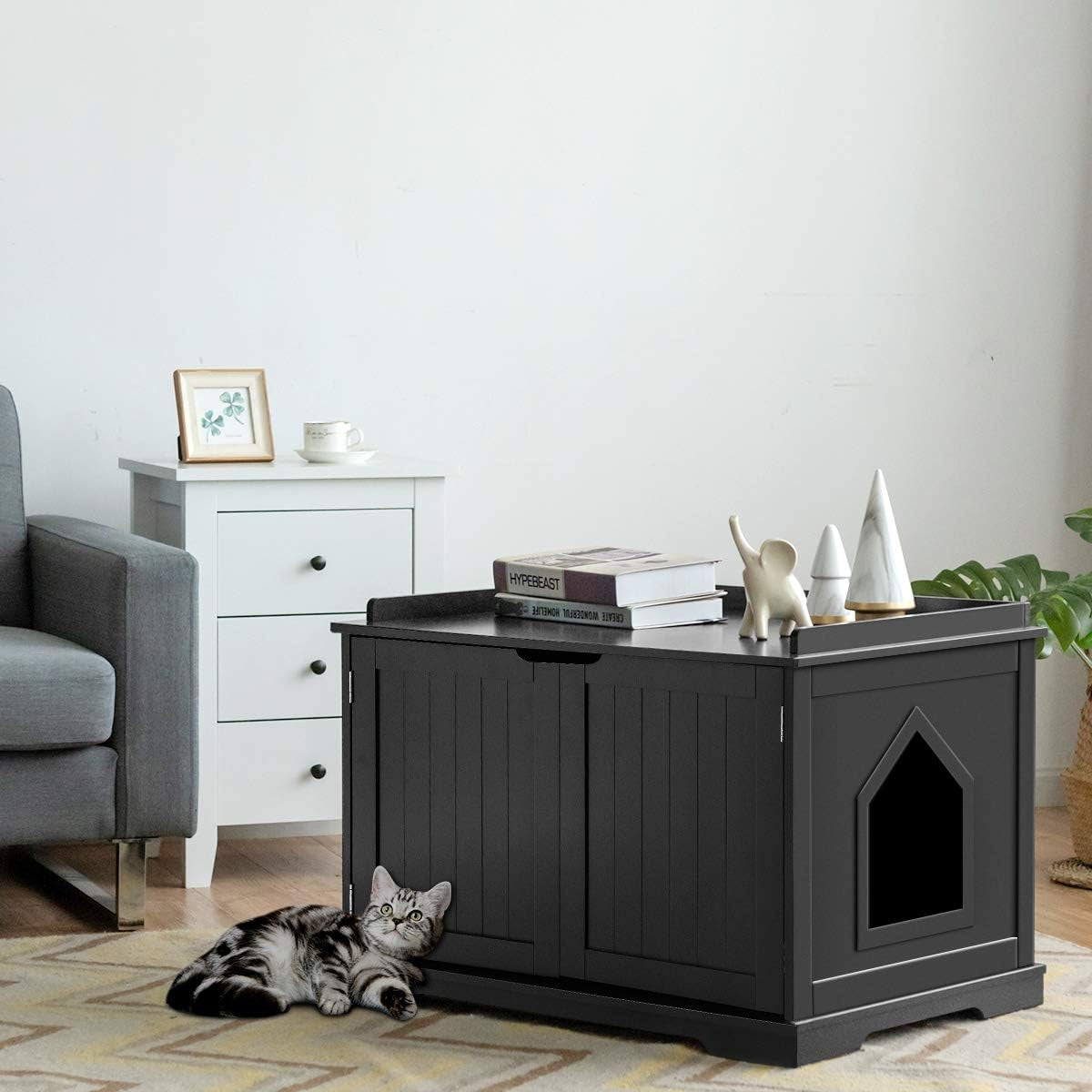 Litter Box Enclosure - Decorative Cat Box Cabinet with Double Doors, Large Cat Kitty Washroom Storage Bench