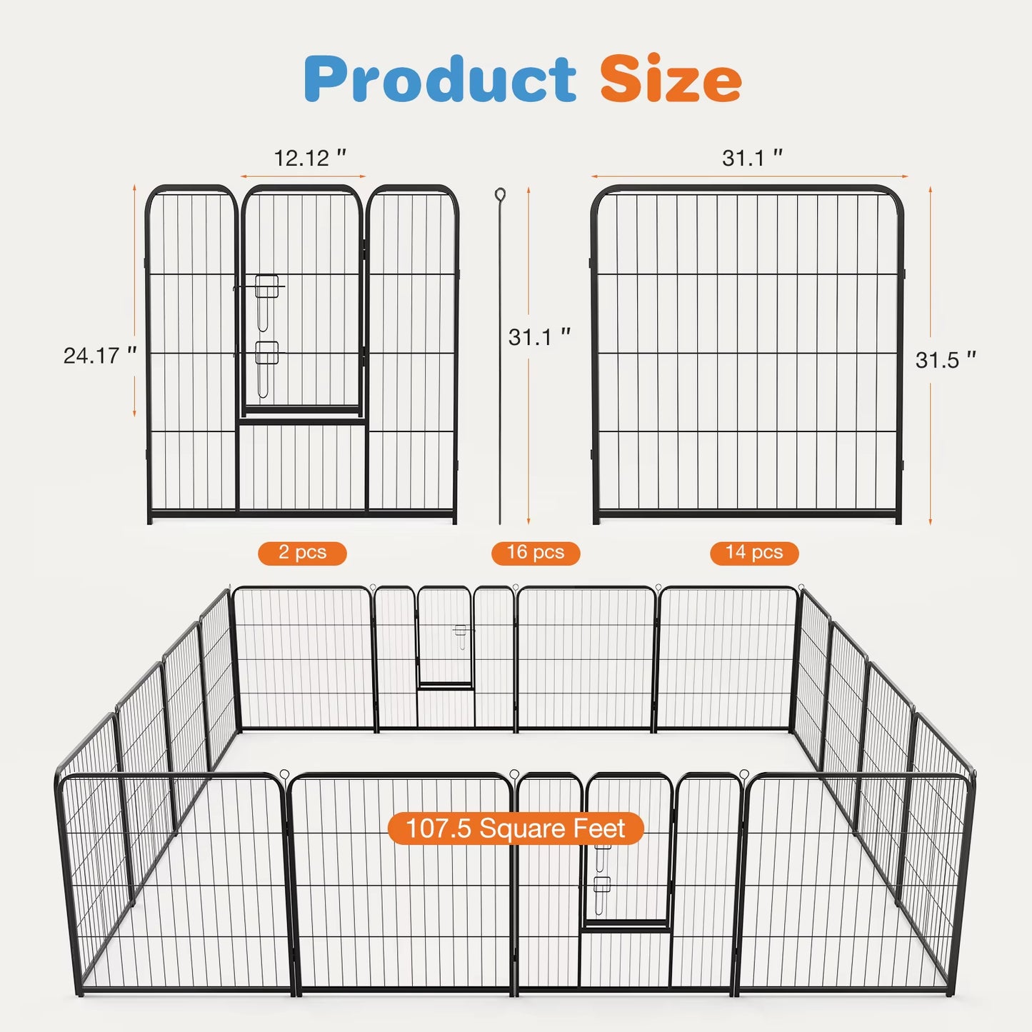 16 Panel Dog Playpen Indoor Pet Fence Exercise for Yard Gate Heavy Duty Crates with Doors Metal Dog Pen for Camping Outdoor