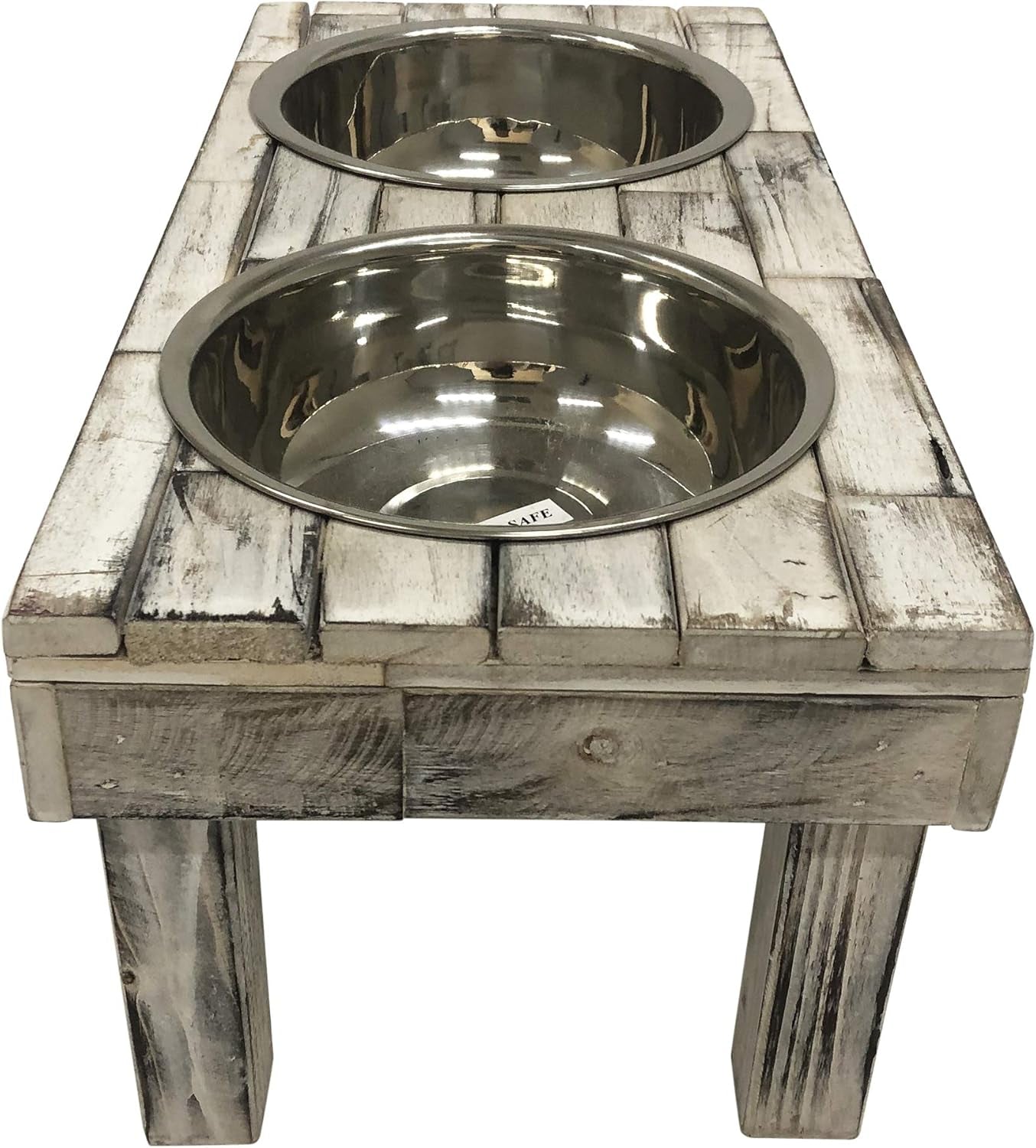Pet Berjen Table Elevated Double Bowl Feeder, White Wash (Large)
