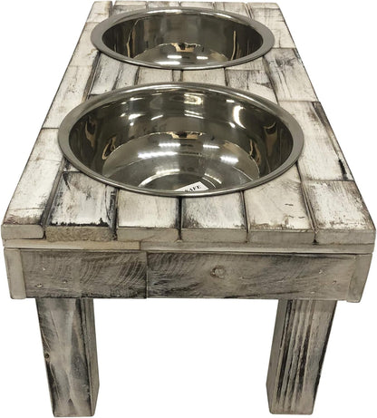 Pet Berjen Table Elevated Double Bowl Feeder, White Wash (Large)