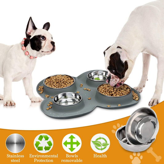 4 Dog Cat Bowls Set Stainless Steel Water and Food Dishes with Non Spill Skid Resistant Silicone Mat for Pets Small Medium Puppy Feeder for Multiple Pets
