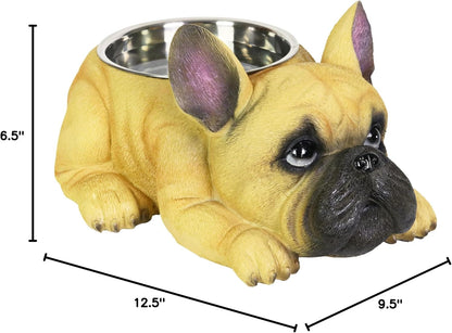 French Bulldog Bowl, Adorable/Durable Resin Dog Décor, Stainless Steel Bowl, 12.5”X9.5”X6.5”