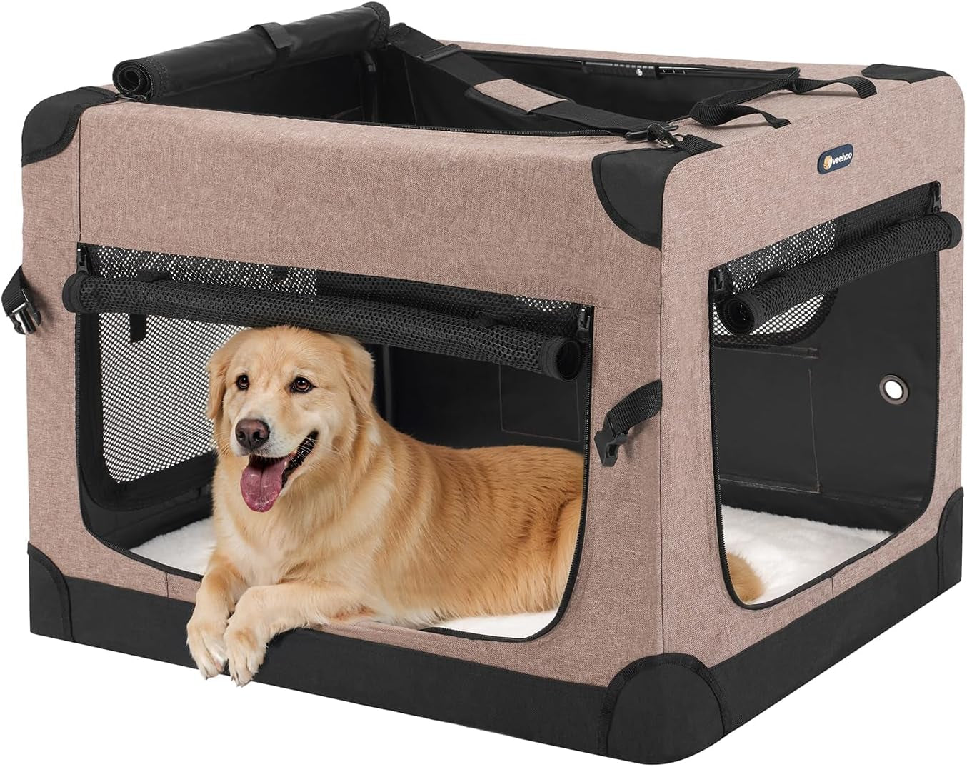 30 Inch Folding Soft Dog Crate, 4-Door Portable Collapsible Pet Kennel Travel Dog Crate for Medium Dogs, 5 X Durable Mesh Screen, 600D Oxford Fabric, Indoor & Outdoor Use, Brown, CWB2428CP