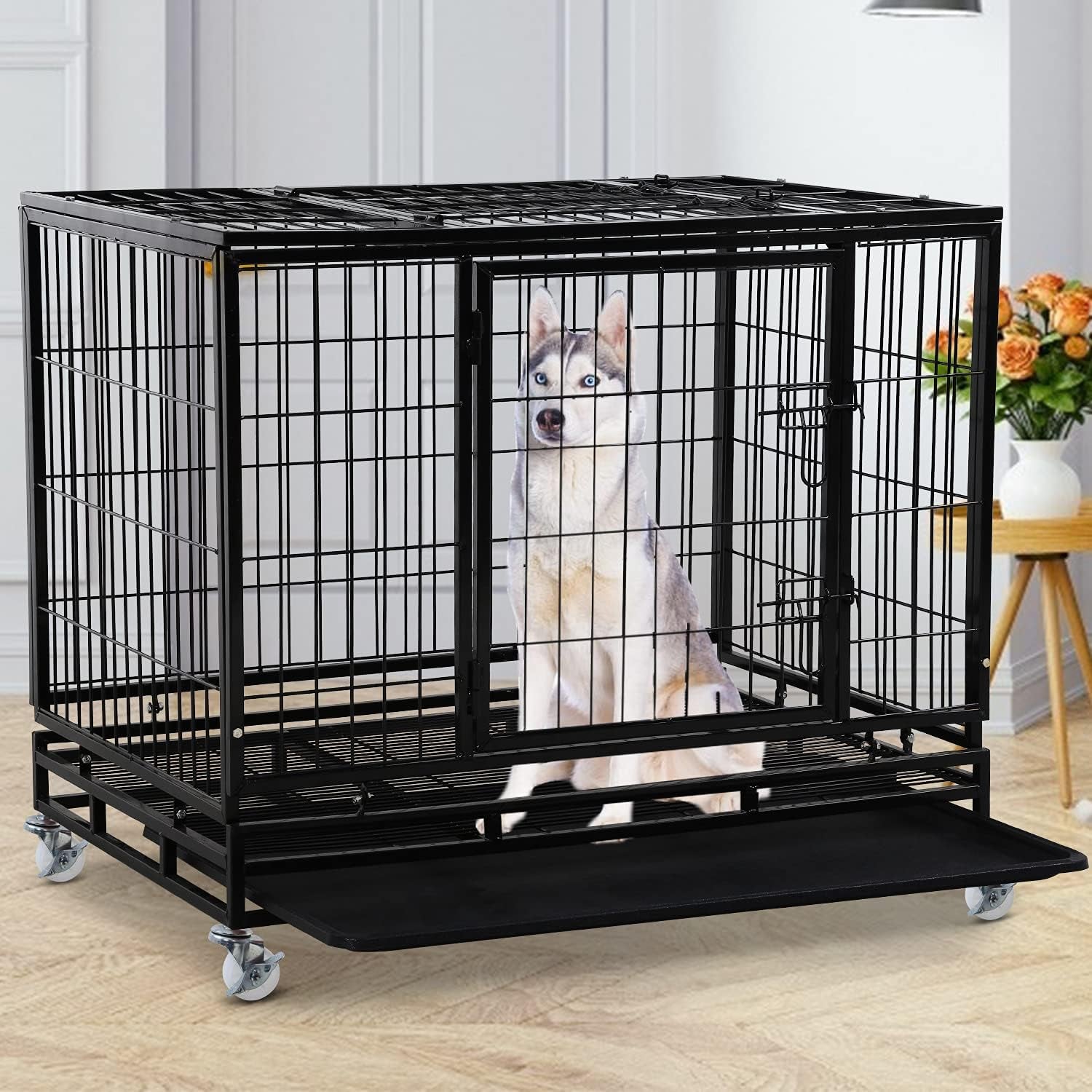 Dog Cage Crate Heavy Duty Sturdy Metal 48/42/36" Large Pet Dog Kennel Fence for Training, Indoor and Outdoor Dog Fence with Lockable Wheels and Plastic Tray and Double Door and Lock Design,Black