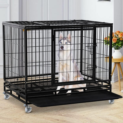 Dog Cage Crate Heavy Duty Sturdy Metal 48/42/36" Large Pet Dog Kennel Fence for Training, Indoor and Outdoor Dog Fence with Lockable Wheels and Plastic Tray and Double Door and Lock Design,Black