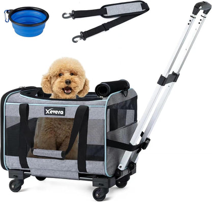 Cat Dog Carrier with Wheels Airline Approved Rolling Pet Carrier with Telescopic Handle, Shoulder Strap and Pet Bowl, Black