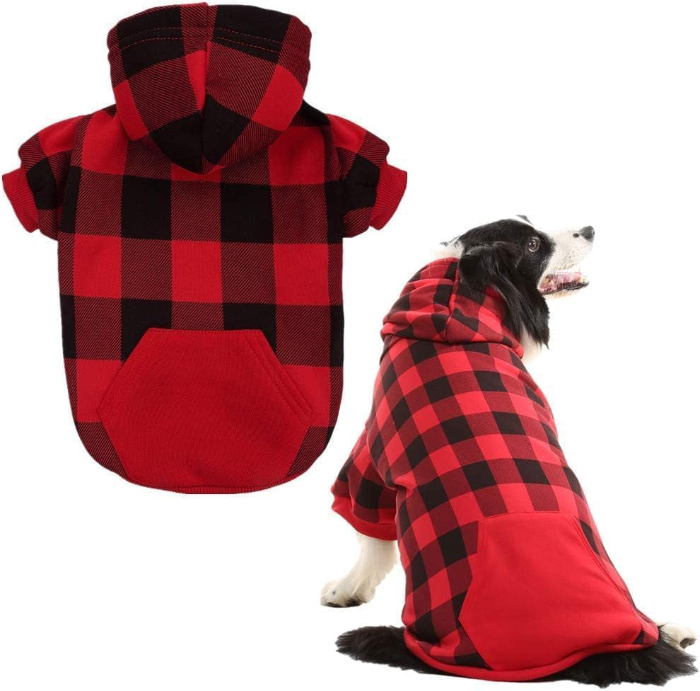 Plaid Dog Hoodie Pet Clothes Sweater with Hat and Pocket for Small Medium Large Size Dogs, Soft Winter Warm Dog Cold Weather Coat, Fleece Fall Dog Hooded Sweatshirt for Puppy Cats, Red XL