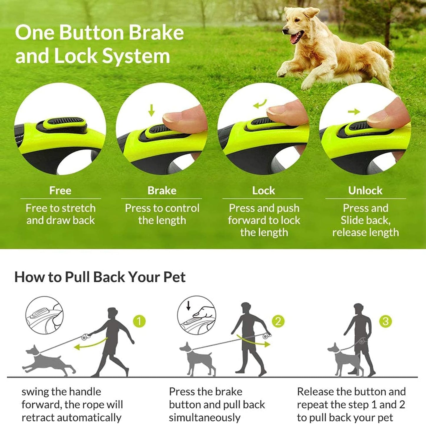 Retractable Dog Leash, 16 Ft Pet Walking Leash for Medium Dogs up to 66 Lbs, One Button Break & Lock, Heavy Duty, Strong Nylon Tape, Tangle-Free (Green, Medium)