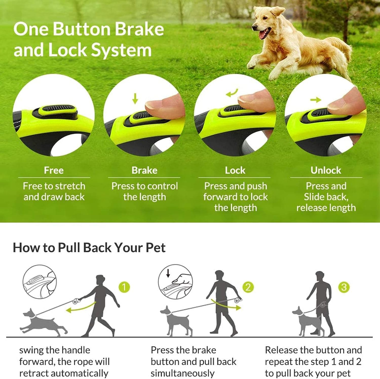 Retractable Dog Leash, 16 Ft Pet Walking Leash for Medium Dogs up to 66 Lbs, One Button Break & Lock, Heavy Duty, Strong Nylon Tape, Tangle-Free (Green, Medium)