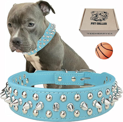 Adjustable Leather Spiked Studded Dog Collars with a Squeak Ball Gift for Small Medium Large Pets like Cats/Pit Bull/Bulldog/Pugs/Husky, Pink, L(15"-18.5")