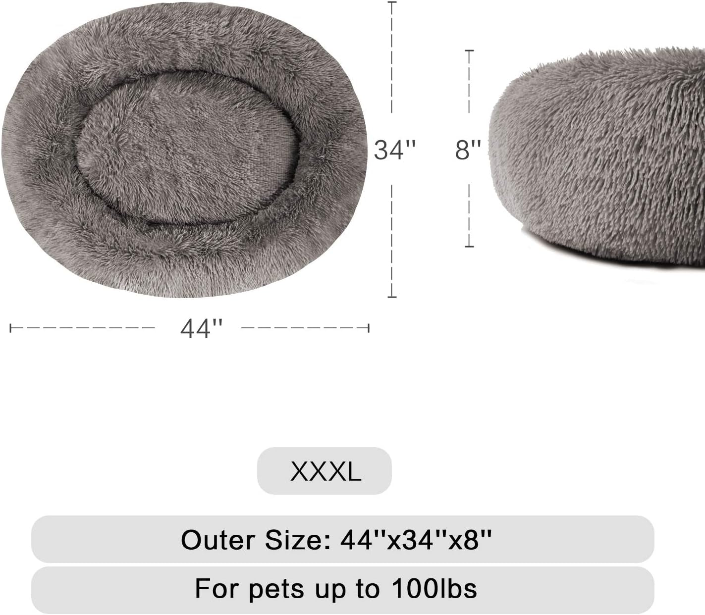 Calming Donut Pet Bed, Faux Fur Self-Warming Cuddler, Comfortable round Plush Dog & Cat Beds for Large, Medium Dogs and Cats (24''/32''/36''/44'')