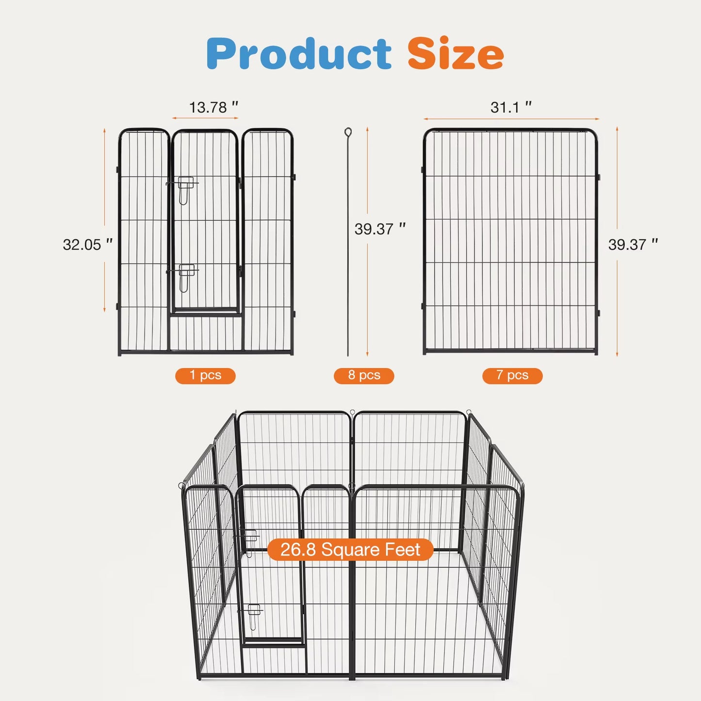 8 Panel Dog Playpen Indoor Pet Fence Exercise for Yard Gate Heavy Duty Crates with Doors Metal Dog Pen for Camping Outdoor
