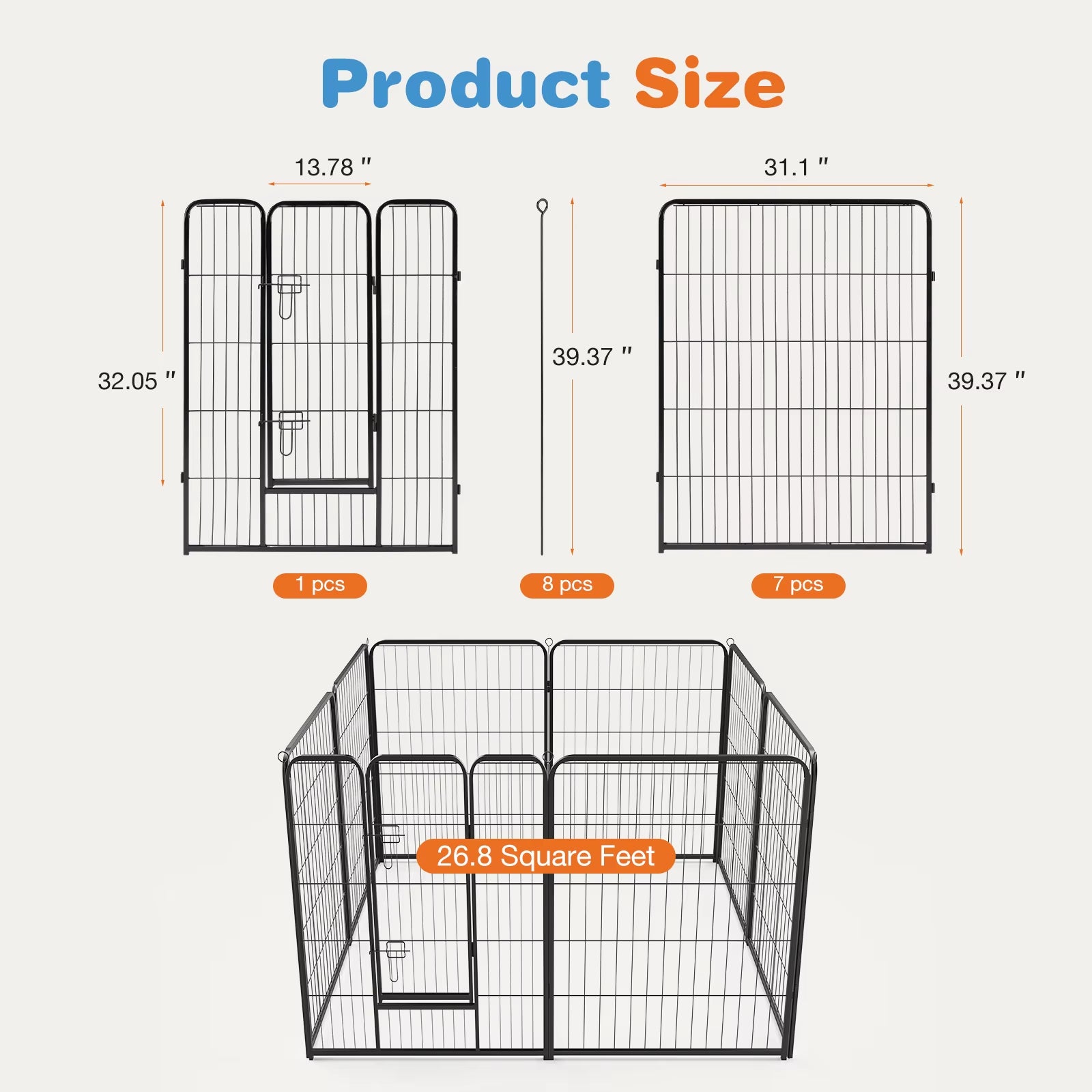 8 Panel Dog Playpen Indoor Pet Fence Exercise for Yard Gate Heavy Duty Crates with Doors Metal Dog Pen for Camping Outdoor