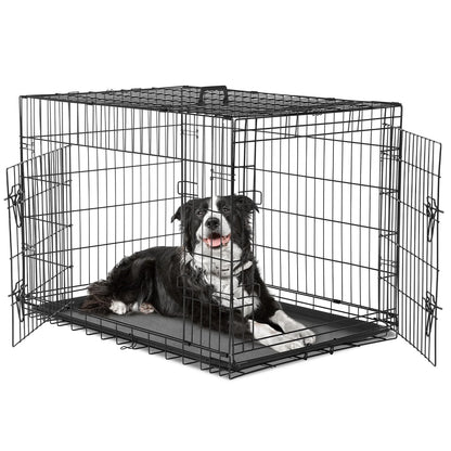 Small Dog Crate with Divider Panel, 24" Double Door Folding Metal Wire Dog Cage with Plastic Leak-Proof Pan Tray