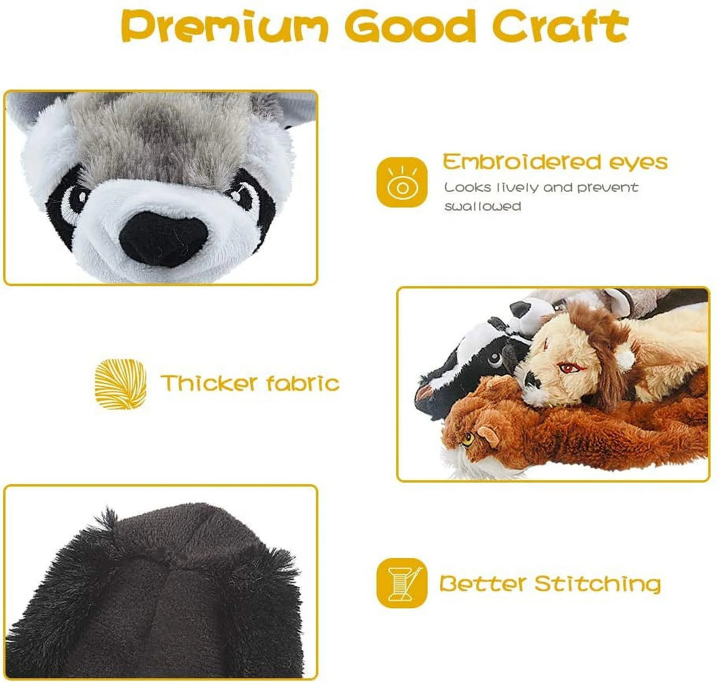 No Stuffing Plush Chew Toy for Small Medium Dogs Puppy Aggressive Chewers Large Breed 5 Pack Cute Animals Raccoon Squirrel Tiger Fox and Lion