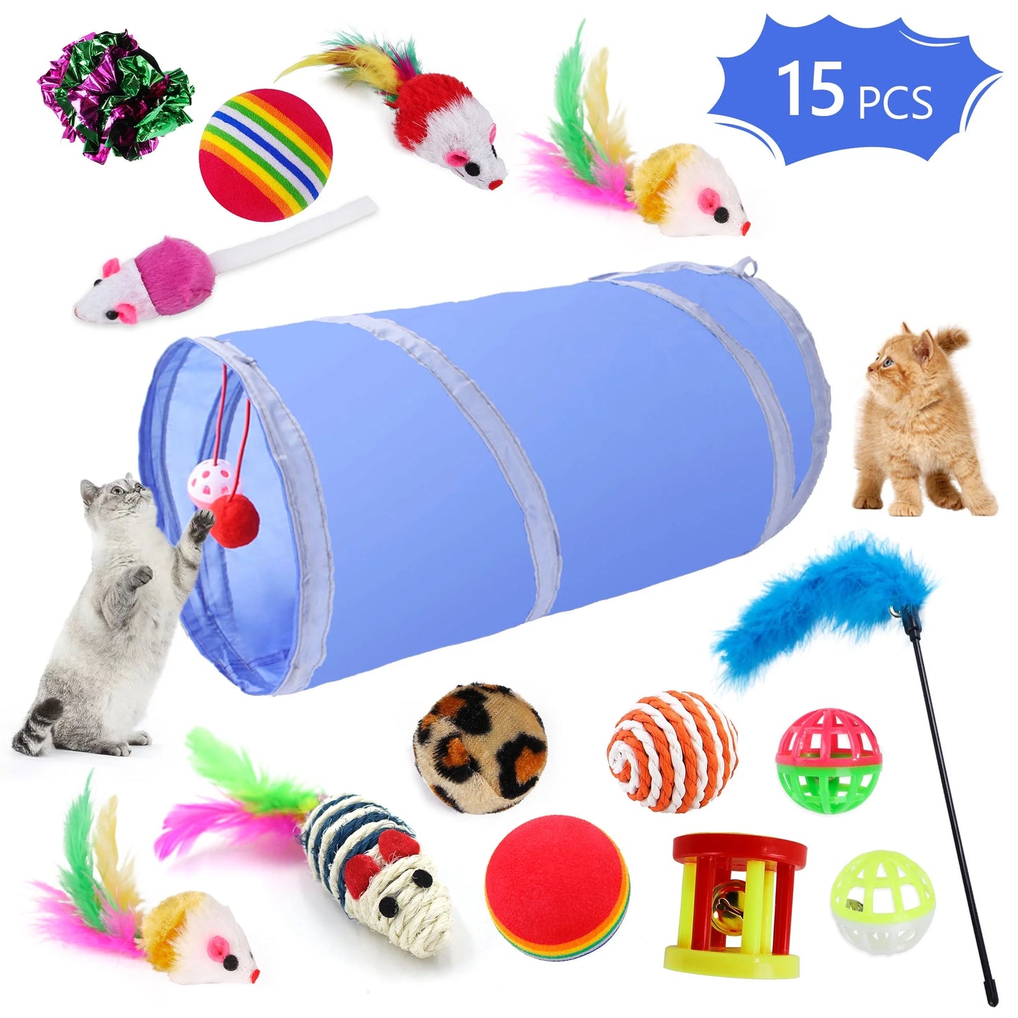 21 Pcs Cat Toys Kitten Toys Assortments Tunnel Interactive Cat Teaser Fluffy Mouse Crinkle Balls for Cat