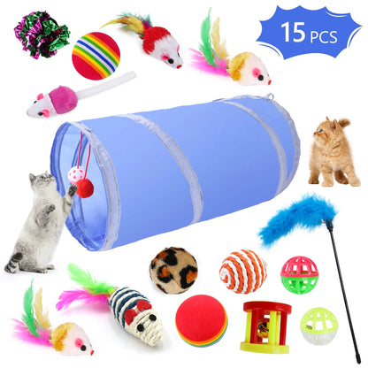 21 Pcs Cat Toys Kitten Toys Assortments Tunnel Interactive Cat Teaser Fluffy Mouse Crinkle Balls for Cat