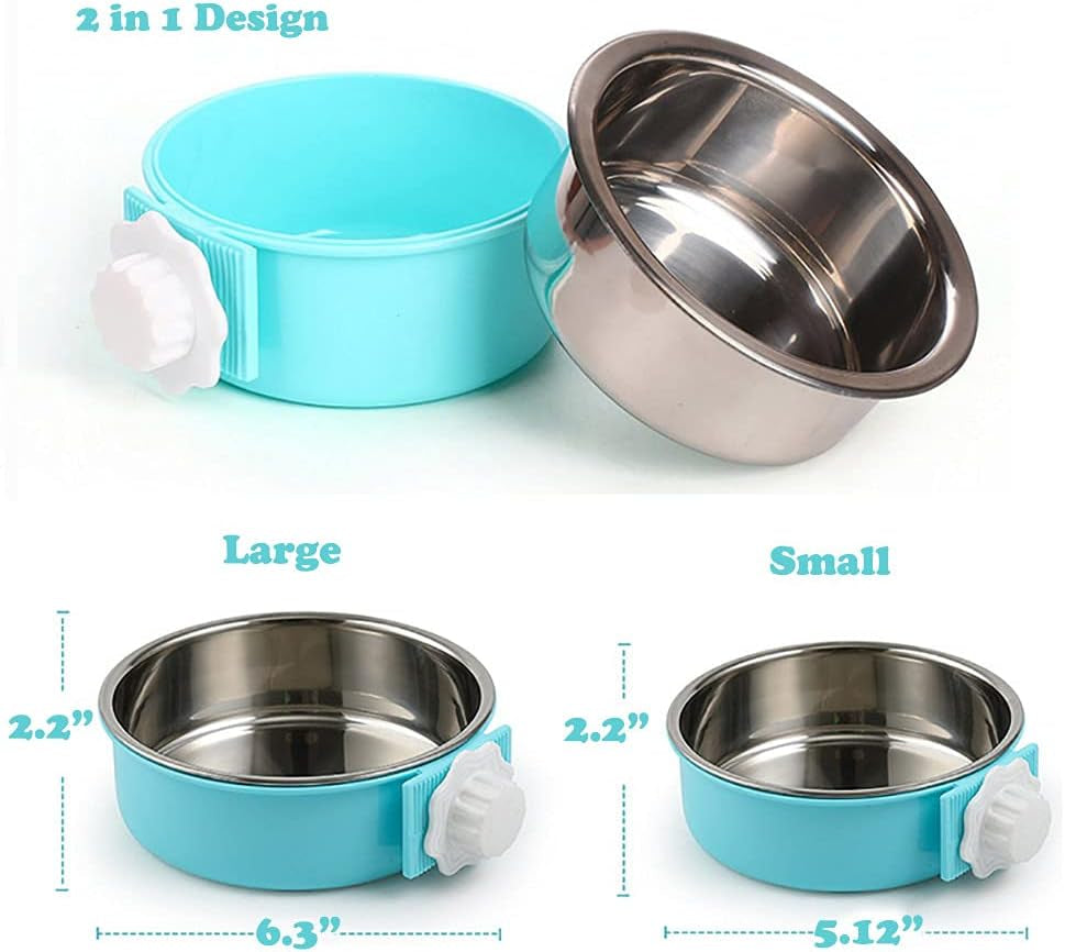 Crate Dog Cat Bowls, Removable Stainless Steel Hanging Pet Cage Bowls for Kennel, Water Food Feeder Cage Coop Cup for Cats, Dogs, Rabbits and Small Animals (Small, Blue)