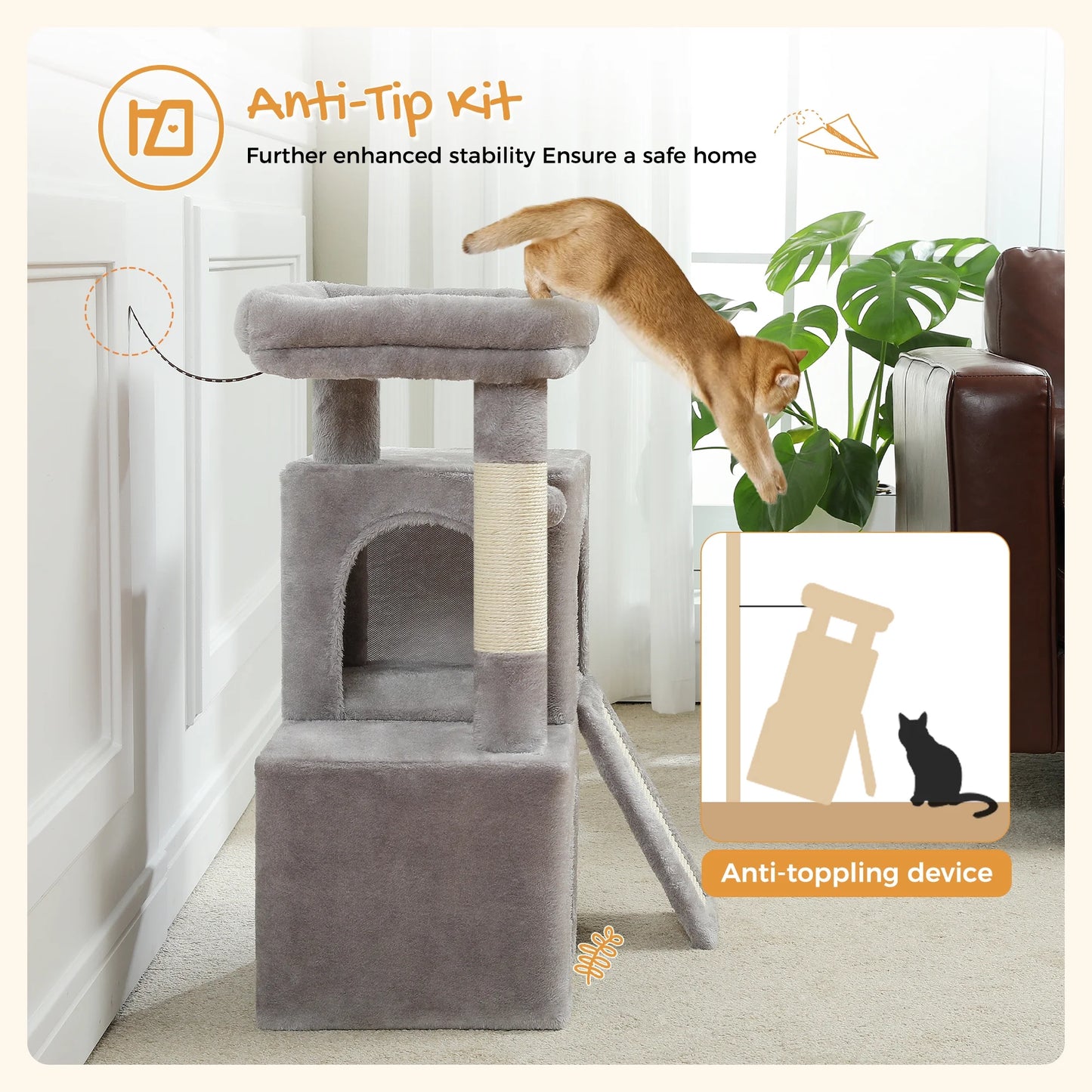 30" Cat Tree Condo with Sisal Scratcing Post Tower Ramp for Indoor Catss, Gray