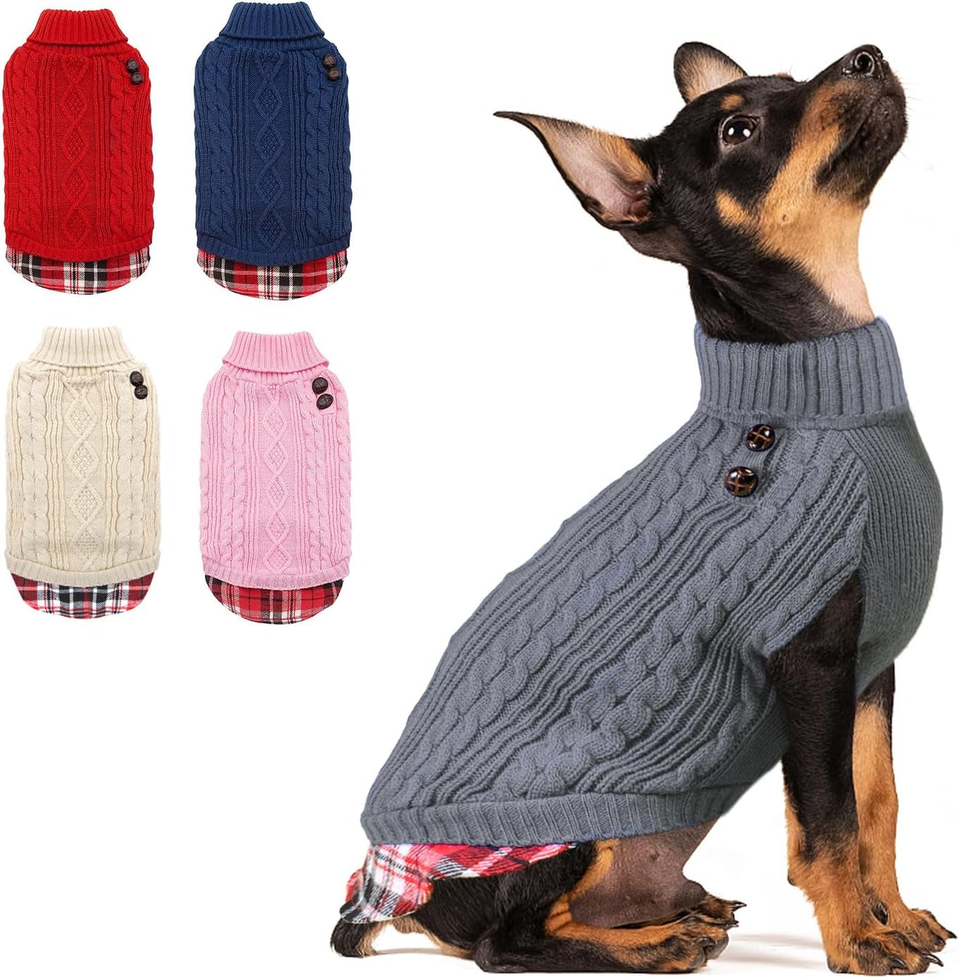 Dog Christmas Sweater Stretchy Pet Coat for Small Dogs Male Turtleneck Small Dog Sweater Red Puppy Clothes Knitwear Puppy Coats with Gingham Patchwork Pet Clothes for Fall Winter