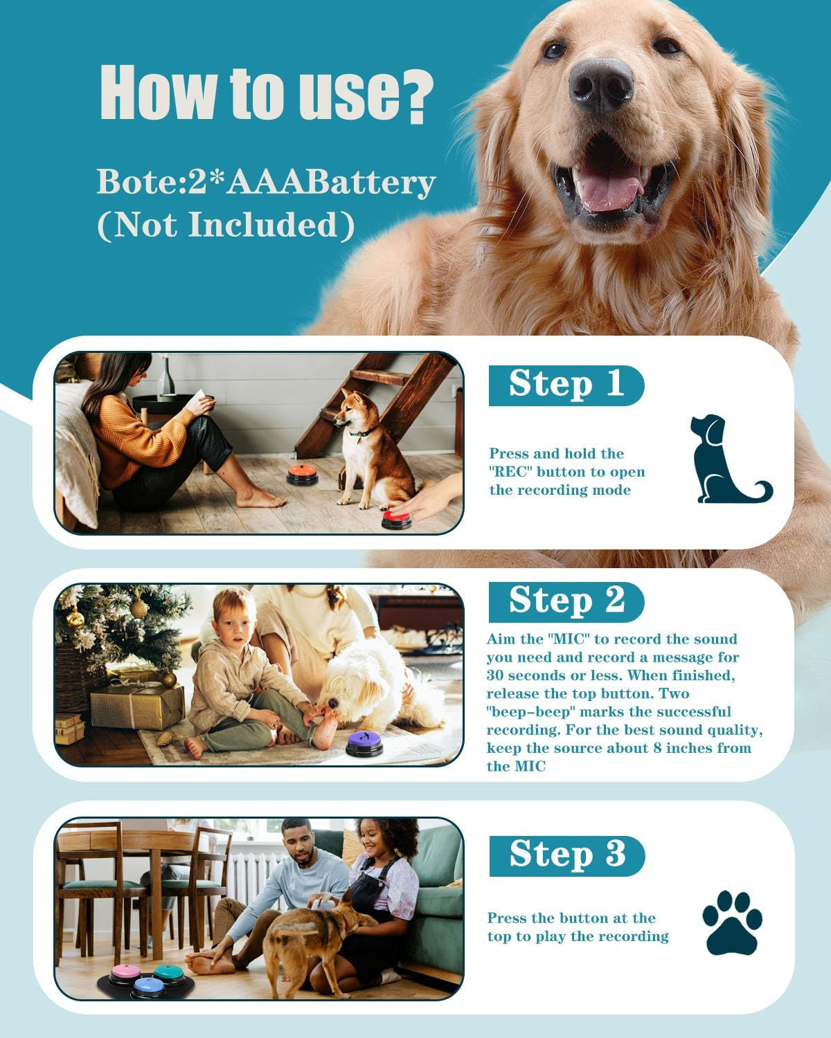 Dog Buttons for Communication, 9 Pcs Dog Talking Button Set, 30S Voice Recording Speaking Button Pet Speech Training Buzzers with 30 Scene Stickers and Waterproof Anti-Slip Mat for Animal Training