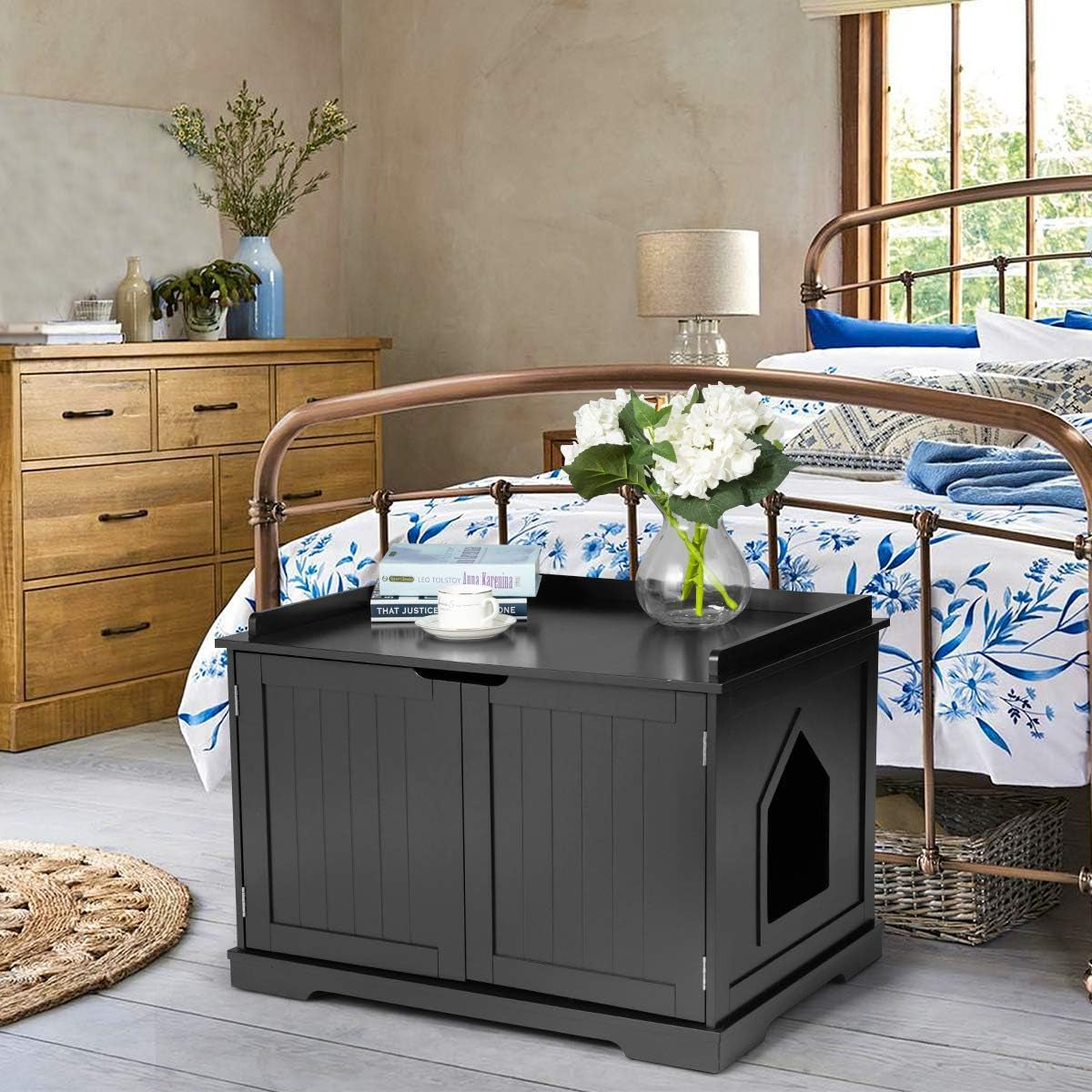 Litter Box Enclosure - Decorative Cat Box Cabinet with Double Doors, Large Cat Kitty Washroom Storage Bench