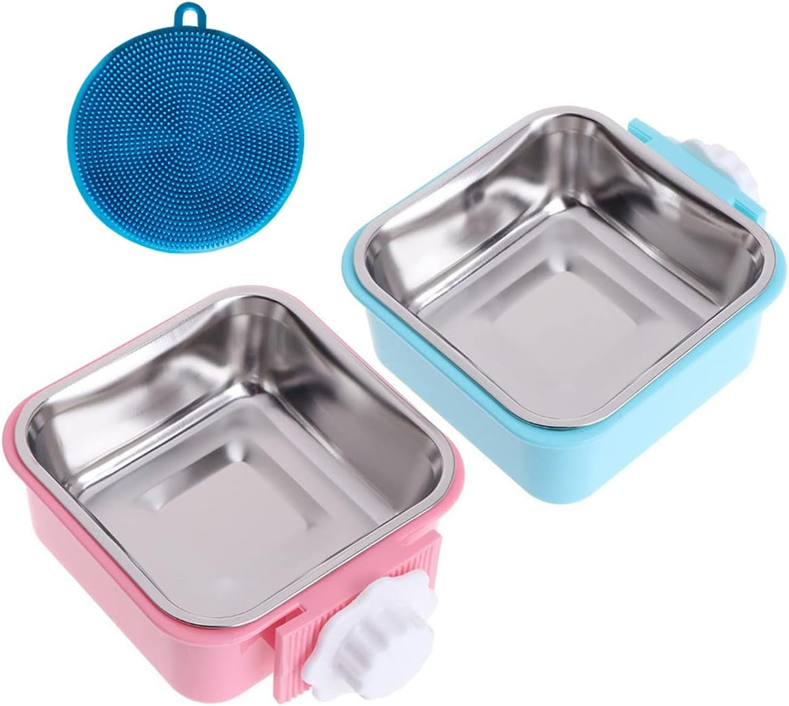 Crate Dog Cat Bowls, Removable Stainless Steel Hanging Pet Cage Bowls for Kennel, Water Food Feeder Cage Coop Cup for Cats, Dogs, Rabbits and Small Animals (Small, Blue)