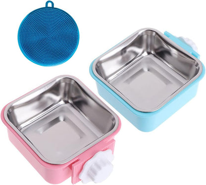 Crate Dog Cat Bowls, Removable Stainless Steel Hanging Pet Cage Bowls for Kennel, Water Food Feeder Cage Coop Cup for Cats, Dogs, Rabbits and Small Animals (Small, Blue)