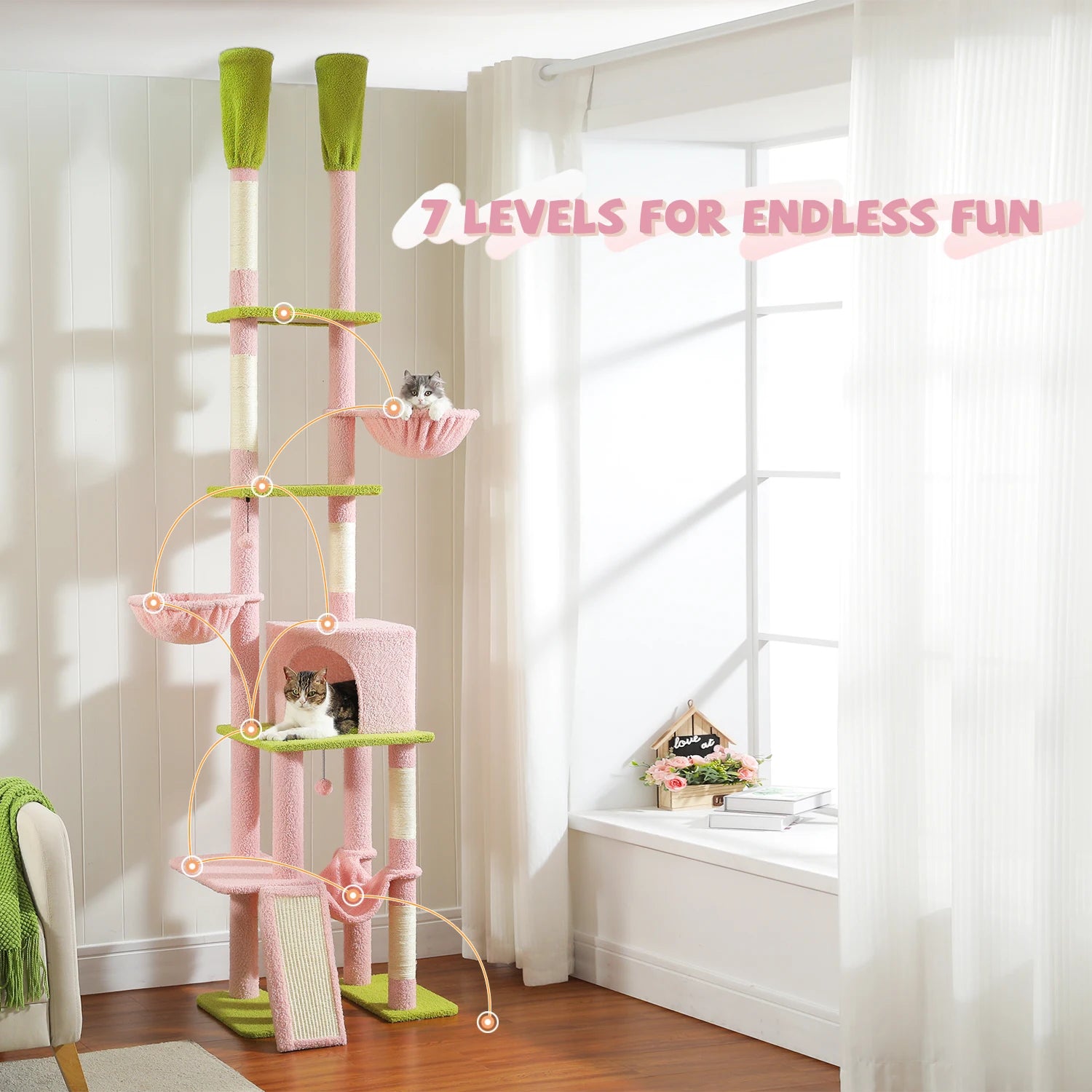 Cactus Cat Tree Floor to Ceiling Cat Tower 7 Tiers Cat Climbing Tree with Cozy Hammocks and Condos 5 Platforms Scratching Posts