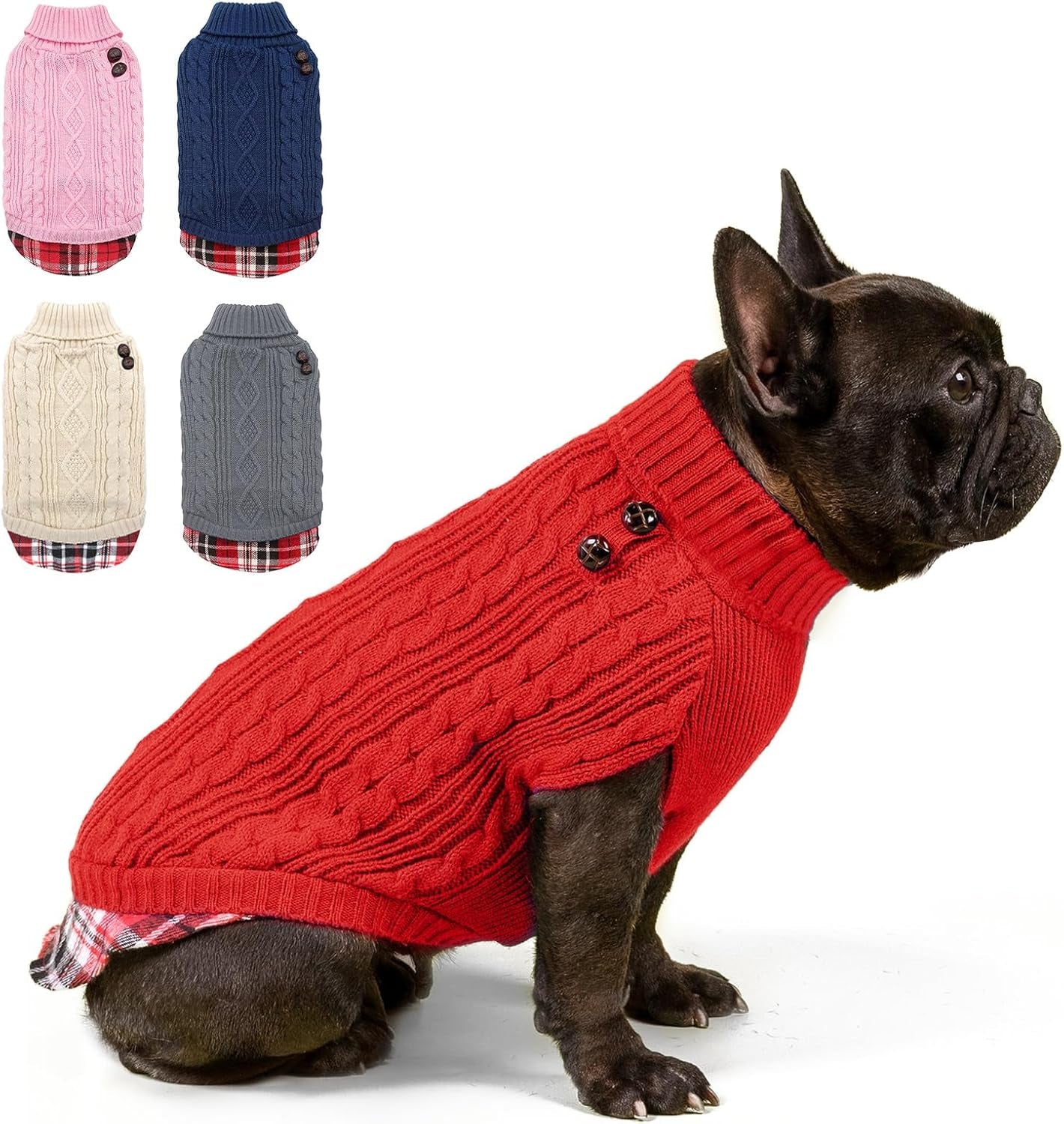 Dog Christmas Sweater Stretchy Pet Coat for Small Dogs Male Turtleneck Small Dog Sweater Red Puppy Clothes Knitwear Puppy Coats with Gingham Patchwork Pet Clothes for Fall Winter