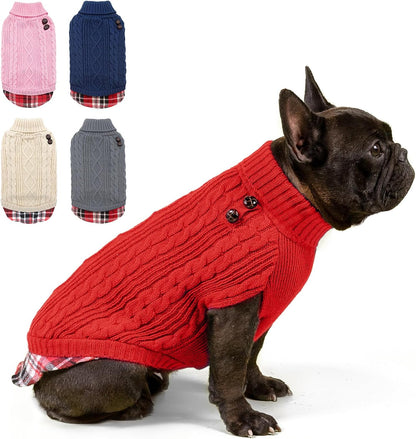 Dog Christmas Sweater Stretchy Pet Coat for Small Dogs Male Turtleneck Small Dog Sweater Red Puppy Clothes Knitwear Puppy Coats with Gingham Patchwork Pet Clothes for Fall Winter