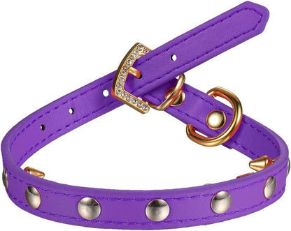 One Row Golden Spiked Studded Leather Dog Collar/Cat Collar with Golden Rhinestone Buckle for Small Dog/Cat Puppy Kitty (Purple, XS)