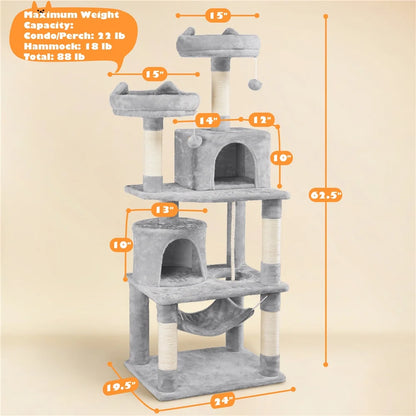 62.2''H Multi Level Cat Tree Tower with Condos Foam-Padded Perches, Light Gray