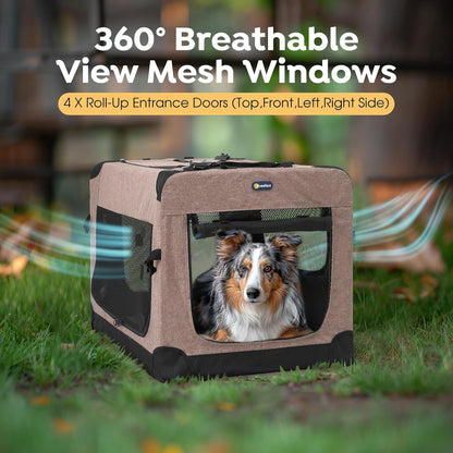 30 Inch Folding Soft Dog Crate, 4-Door Portable Collapsible Pet Kennel Travel Dog Crate for Medium Dogs, 5 X Durable Mesh Screen, 600D Oxford Fabric, Indoor & Outdoor Use, Brown, CWB2428CP