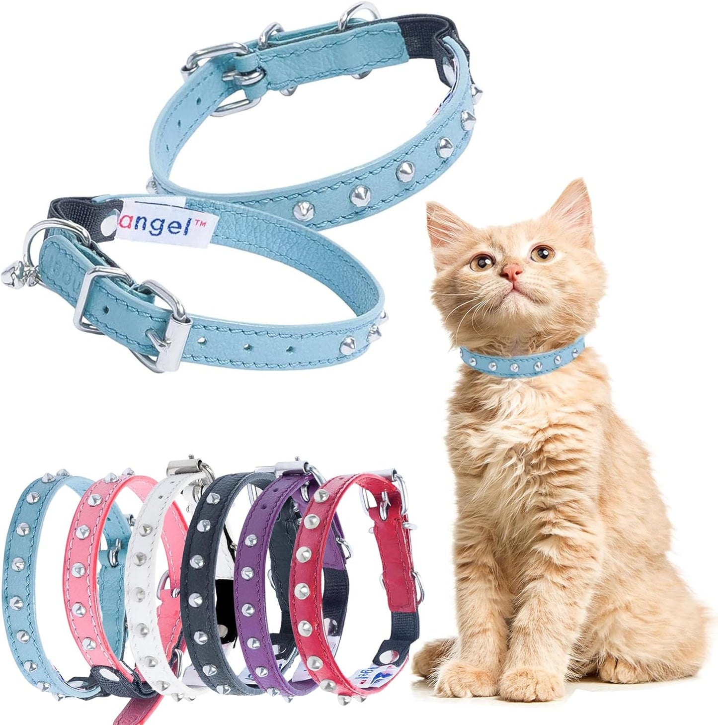 Studded Cat Collar, Genuine Leather Kitten Collar, Sturdy Breakaway Cat Collar with Bell and Elastic Stretch, Cat Accessories, Ivory White, 10 X 1/2 Inches -